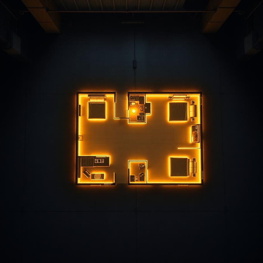 Top-down gold projection of a 3BHK apartment floor plan on a dark warehouse floor