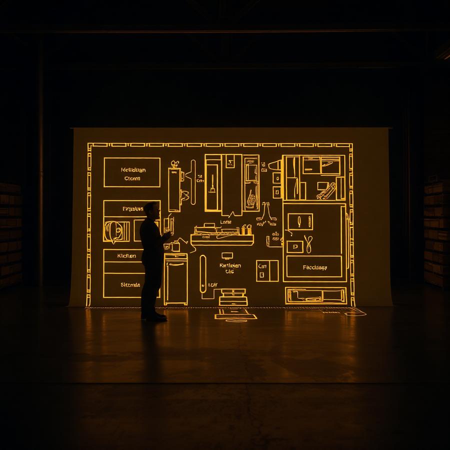 Couple reviewing a projected kitchen layout at full scale