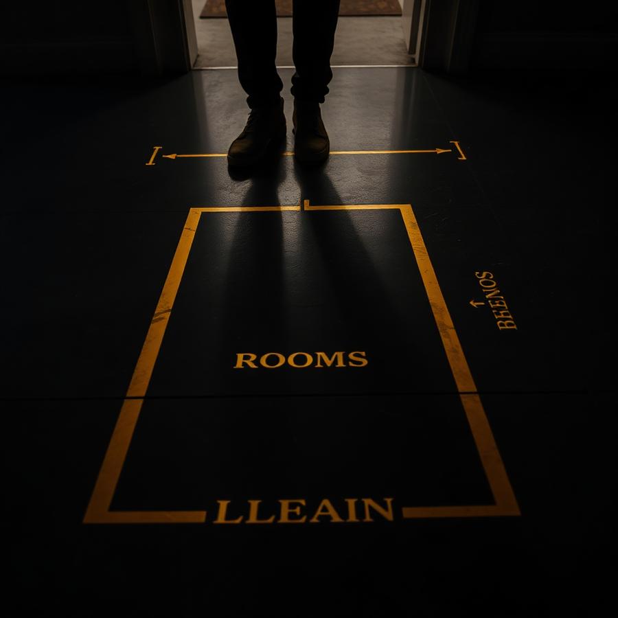 Projected gold dimension lines and room labels on concrete floor