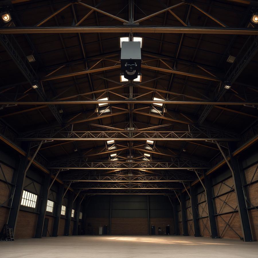 Dark warehouse with overhead projector rig casting a gold grid