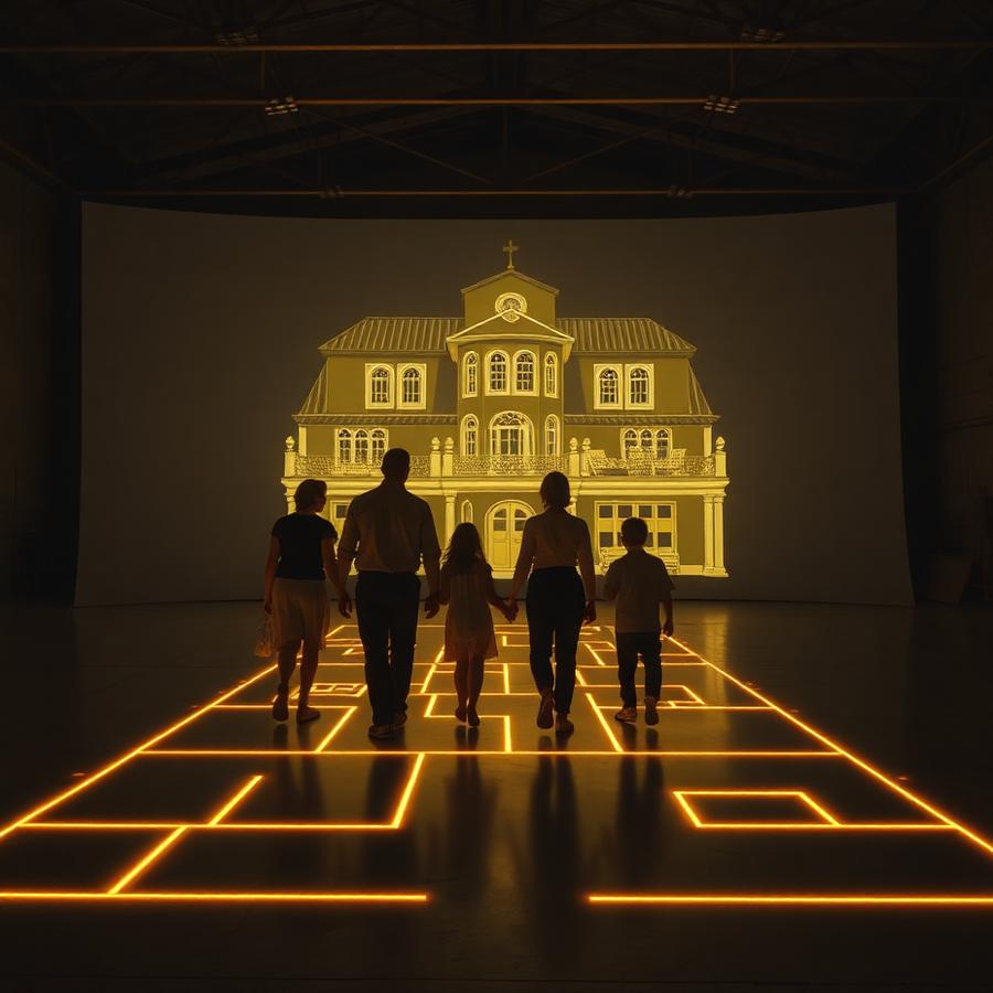Family walking through a life-size projected villa floor plan