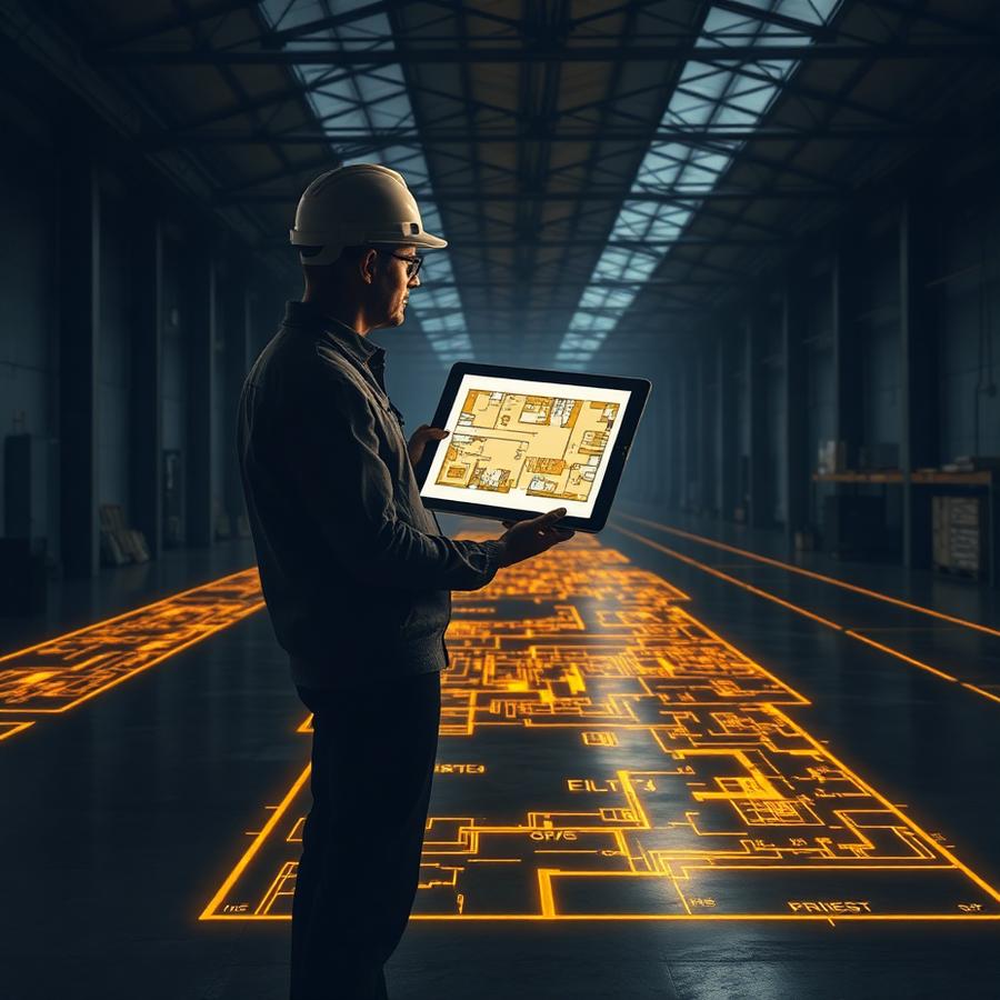 Architect comparing a tablet floor plan with the full-scale projection